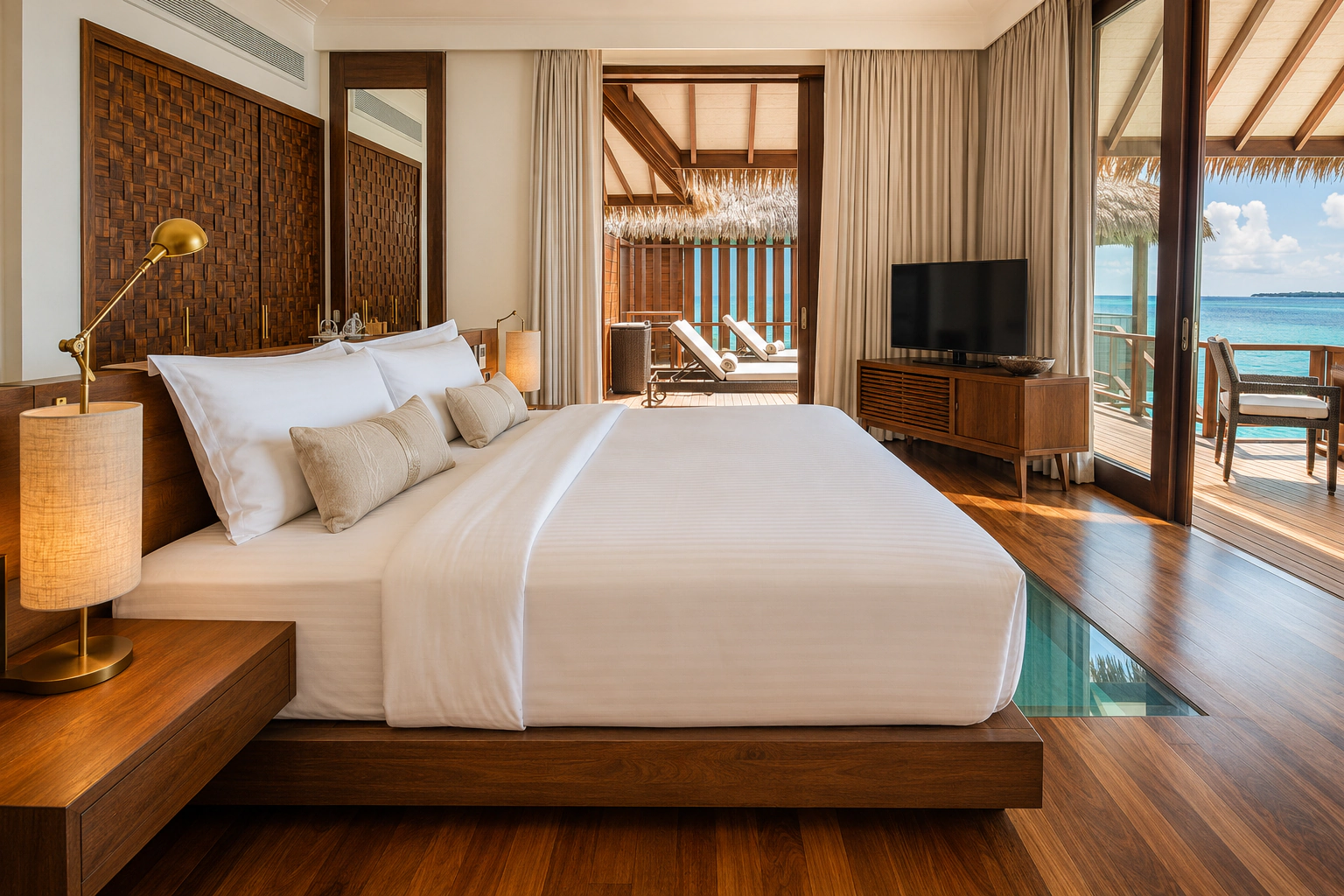 Custom teak hospitality furniture in an oceanfront resort bedroom